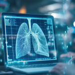 Image of a person using a laptop showing an x ray of a pair lungs surrounded by health data
