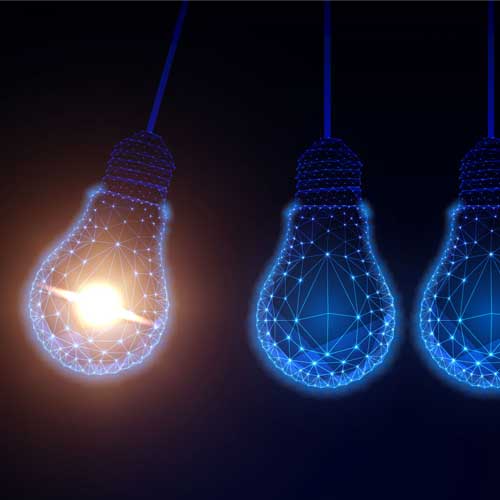 An abstract illustration of a light bulb surrounded by interconnected lines and nodes, symbolising creative solutions and advanced technology