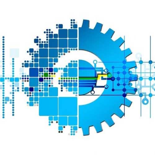 Blue cogs with computer code and lines at edges