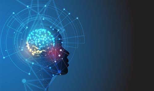 An abstract representation of artificial intelligence technology, featuring a virtual human head with interconnected lines and nodes, symbolising the integration of AI in digital environment